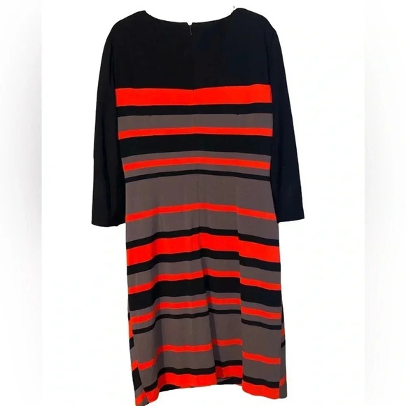 TAHARI ARTHUR S. L DRESS BLACK ORANGE BROWN STRIPED SIZE 12 SIDE BUCKLE ACCENT - Picture 3 of 7